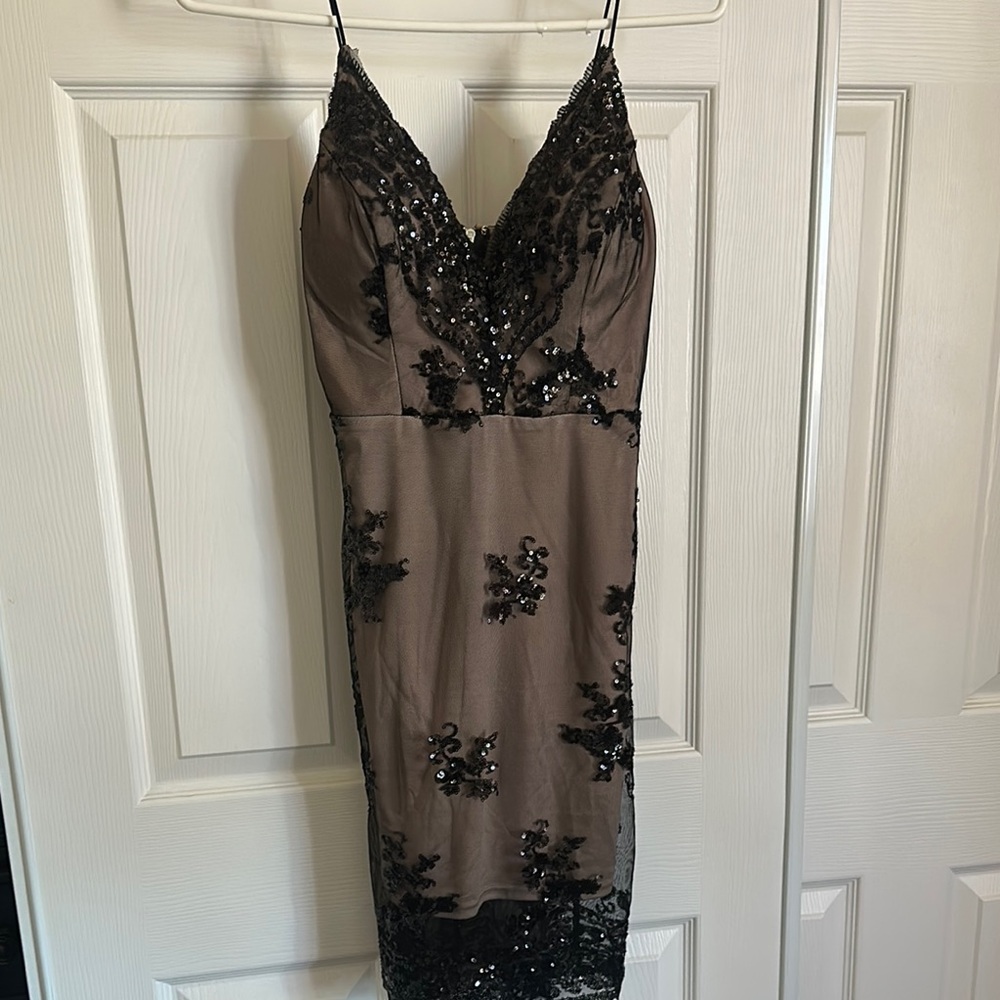 Black Sequin Spaghetti Strap Lace/ MeshDress